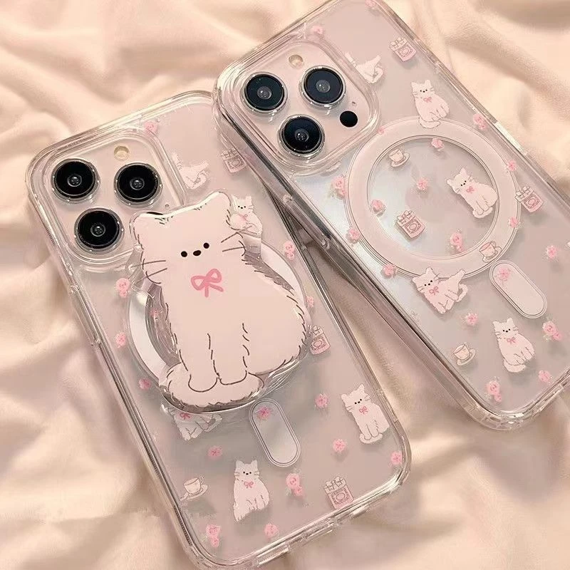 粉花朵猫咪适用苹果15三星21手机壳22至尊iphone14磁吸支架23PLUS
