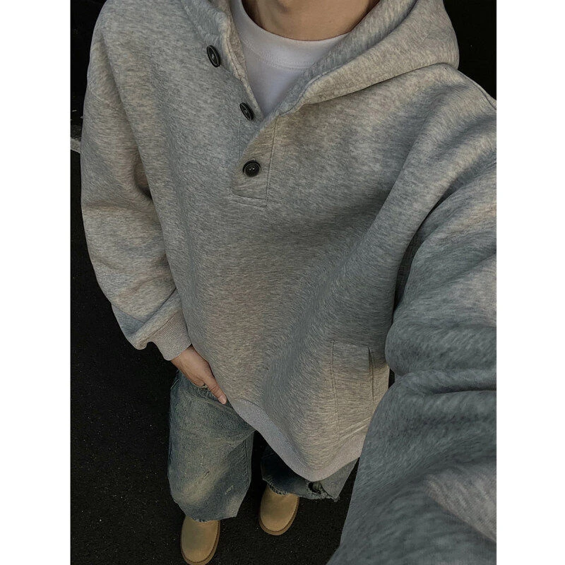 可乐自制短宽廓形纽扣连帽卫衣秋冬450G重磅美式宽松clea