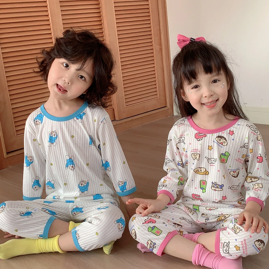 【7A抗菌】儿童睡衣无骨汗布七分袖空调服夏季纯棉家居服提花套装