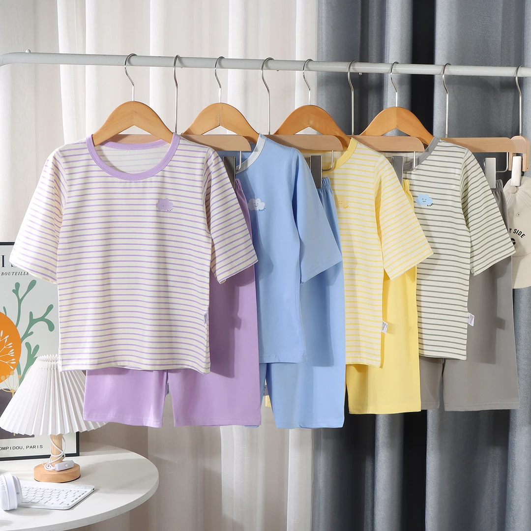 【7A抗菌】儿童夏季薄款冰瓷棉七分袖套装宝宝儿童洋气条纹家居服