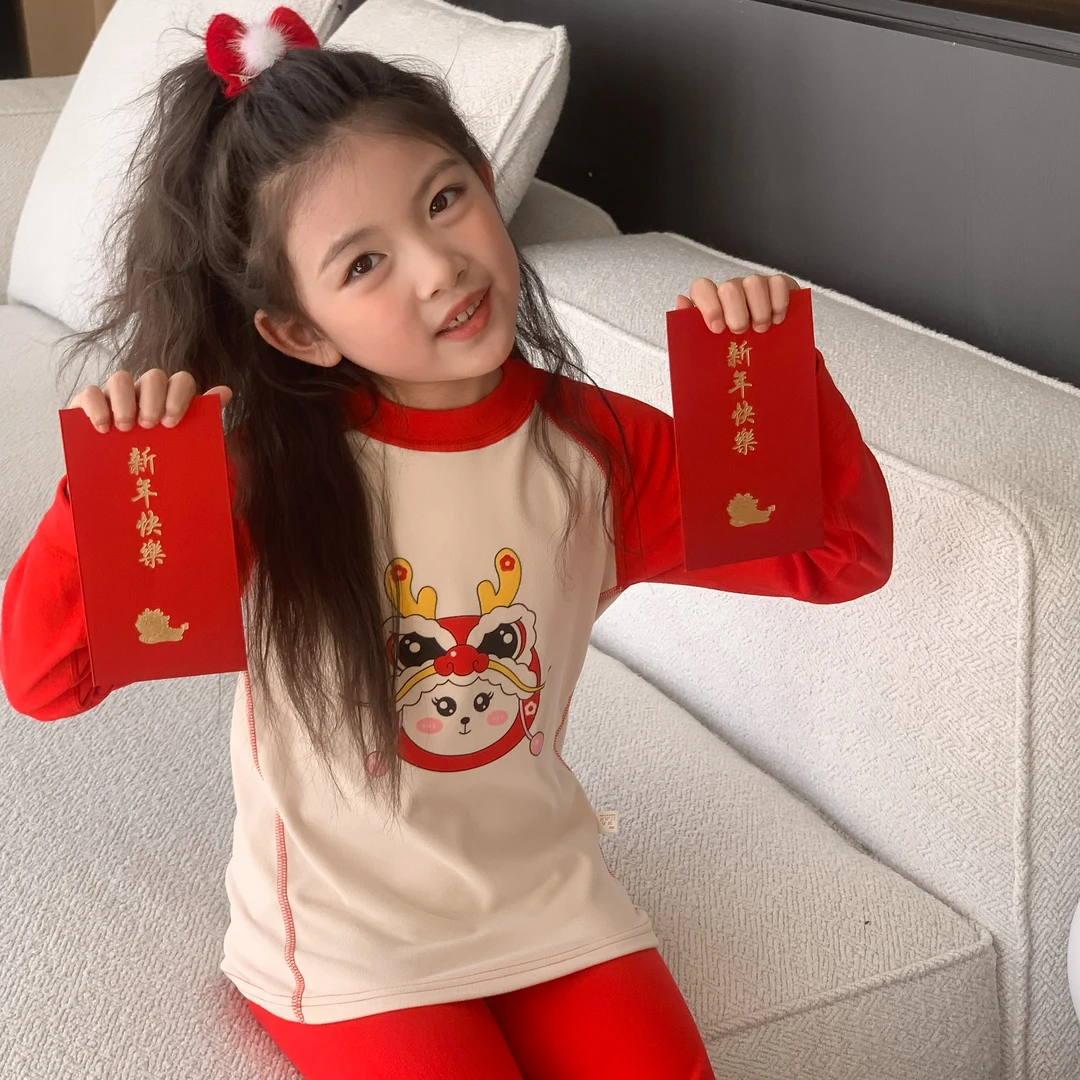 儿童龙年大红款拜年服冬睡衣长袖加厚德绒套装儿童睡衣家居服套装