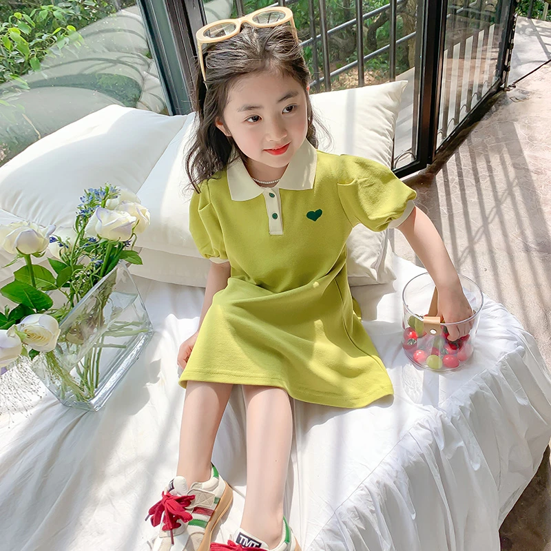 女童polo领连衣裙童装夏季裙网红洋气中小童纯色时尚洋气裙子薄款