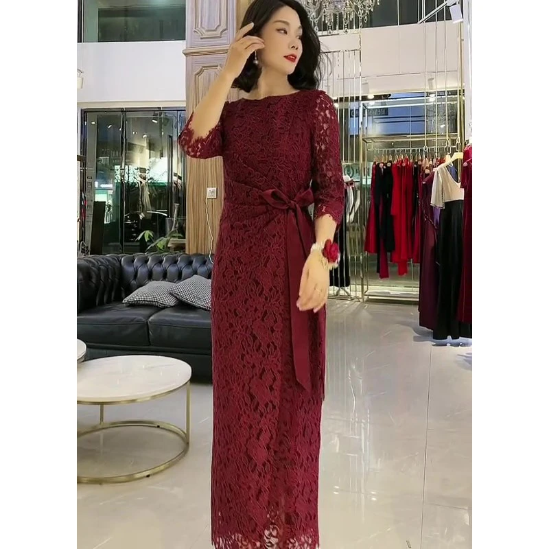 法式复古酒红色洋气蕾丝连衣裙轻熟贵气优雅女神喜宴宴会礼服长裙