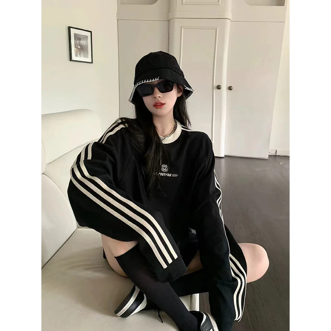 黑色三条杠卫衣女加绒加厚宽松中长款插肩袖长袖套头休闲情侣上衣