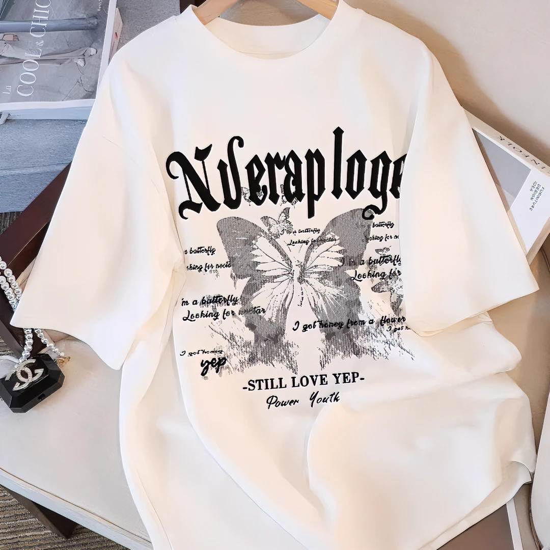 美式蝴蝶印花白色纯棉短袖t恤2025夏季新款爆款女装体恤宽松上衣