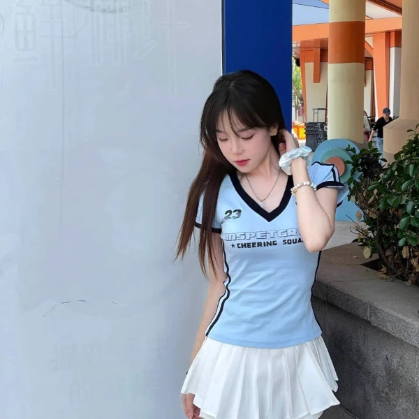 美式复古蓝色字母印花正肩短袖T恤女夏季修身显瘦V领辣妹百搭上衣