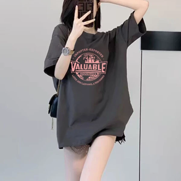 深灰色高级感女士纯棉短袖t恤女2025夏季新款宽松欧货大版上衣潮