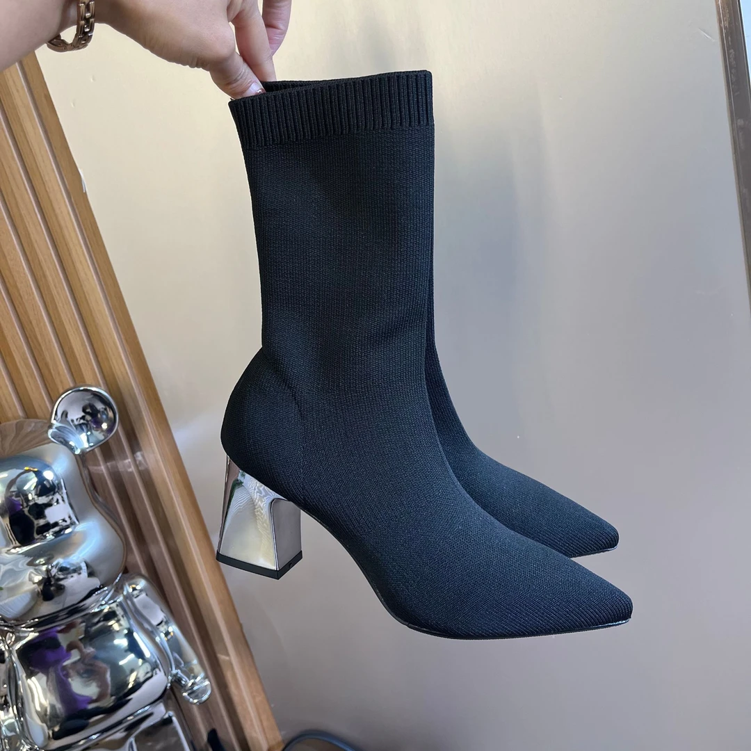 【VATTEHNO】黑色粗跟瘦瘦靴新款袜靴女尖头显瘦高跟针织弹力靴女靴