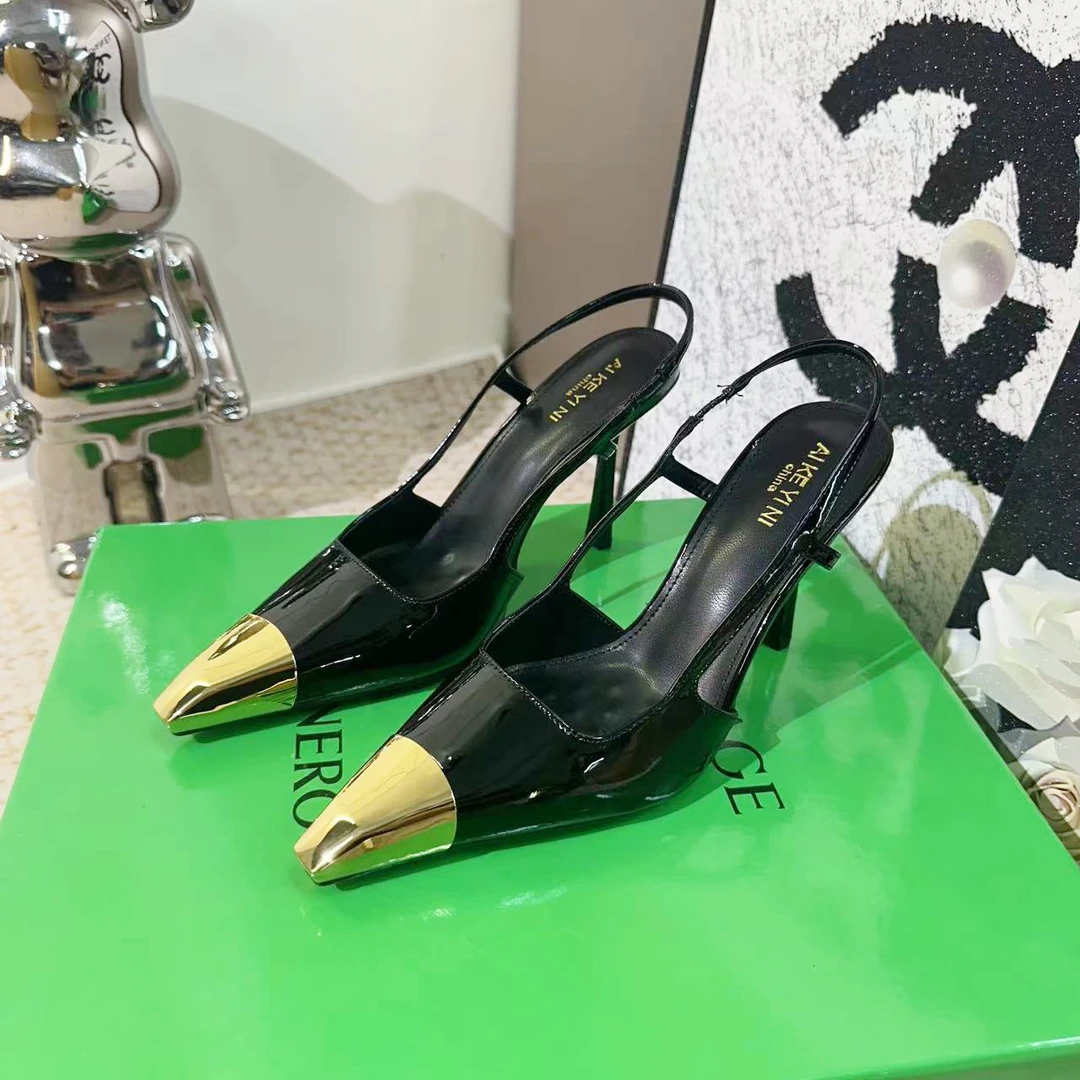 【VATTEHNO】走秀款质感金属小方头黑色不累脚高跟鞋女2025新款爆款