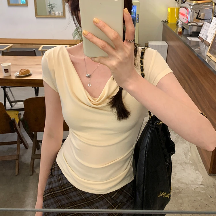 【两件29.9】螺纹棉短袖t恤女夏季辣妹上衣一字肩小众设计感纯欲风