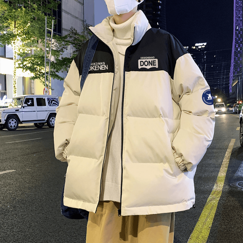 大码撞色拼接棉服男款冬季加厚保暖美式oversize青少年棉衣外套潮
