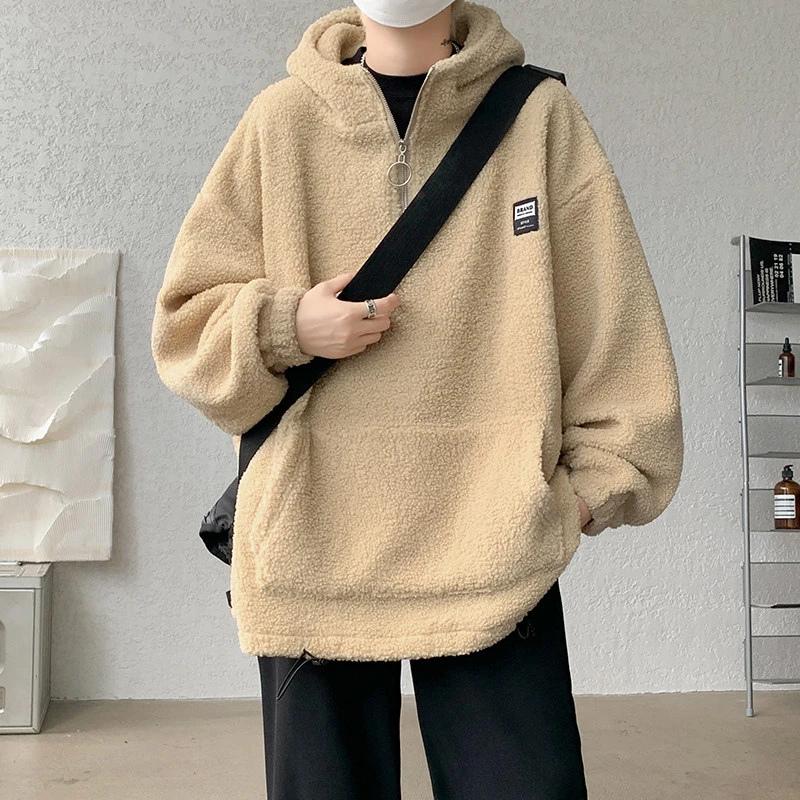 卡其色羊羔绒半拉链卫衣男款冬季加绒加厚潮牌重磅青少年大码外套
