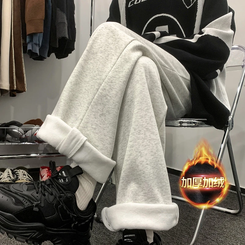 大码侧边拉链微喇裤子男款秋冬款加厚直筒休闲宽松卫裤运动阔腿裤