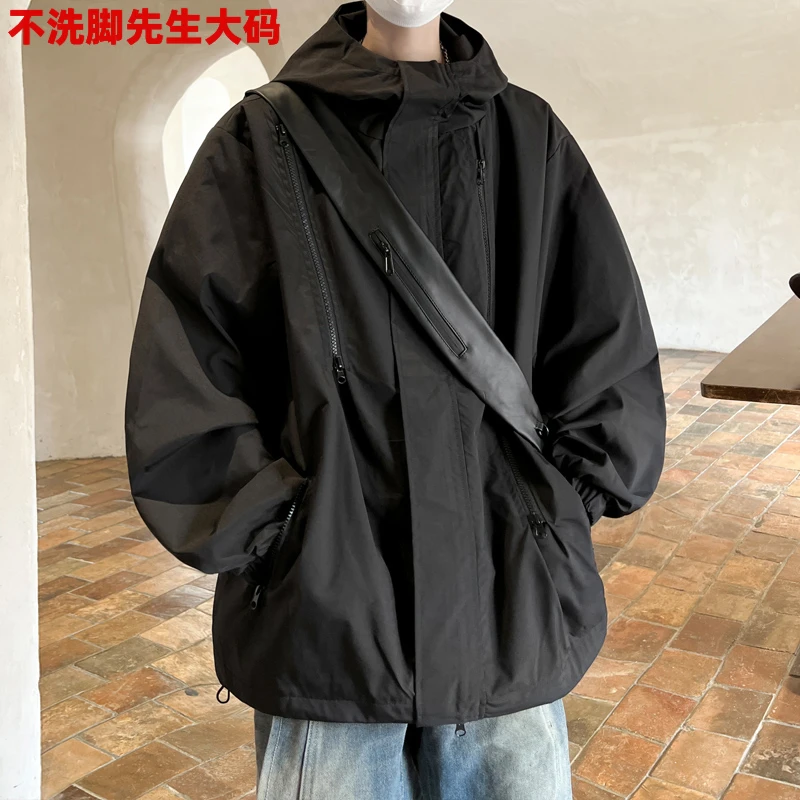 胖子大码青少年夹克学生休闲百搭户外连帽冲锋衣帅气日系夹克衫潮