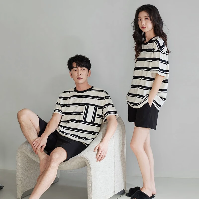 可人儿夏季情侣凉感棉睡衣简约休闲大码条纹睡裙女可外穿家居服套