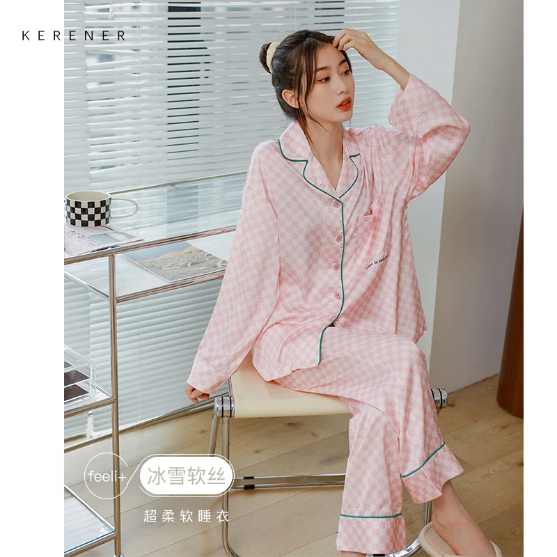 可人儿【冰雪软丝】新款睡衣女春长袖家居服仿真丝棋盘格翻领套装