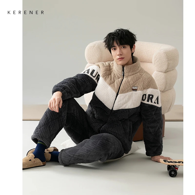 睡衣男秋冬季加厚加绒三层夹棉雪糕绒保暖法兰绒家居服男棉袄套装