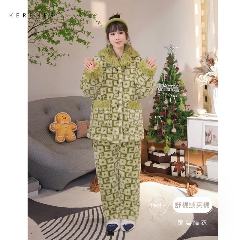 可人儿秋冬天保暖三层舒棉绒夹棉锁温睡衣女士加厚棉袄家居服套装