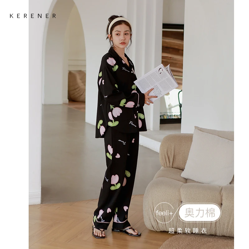 可人儿春季新款睡衣女纯棉长袖时尚宽松开衫休闲家居服可出门套装