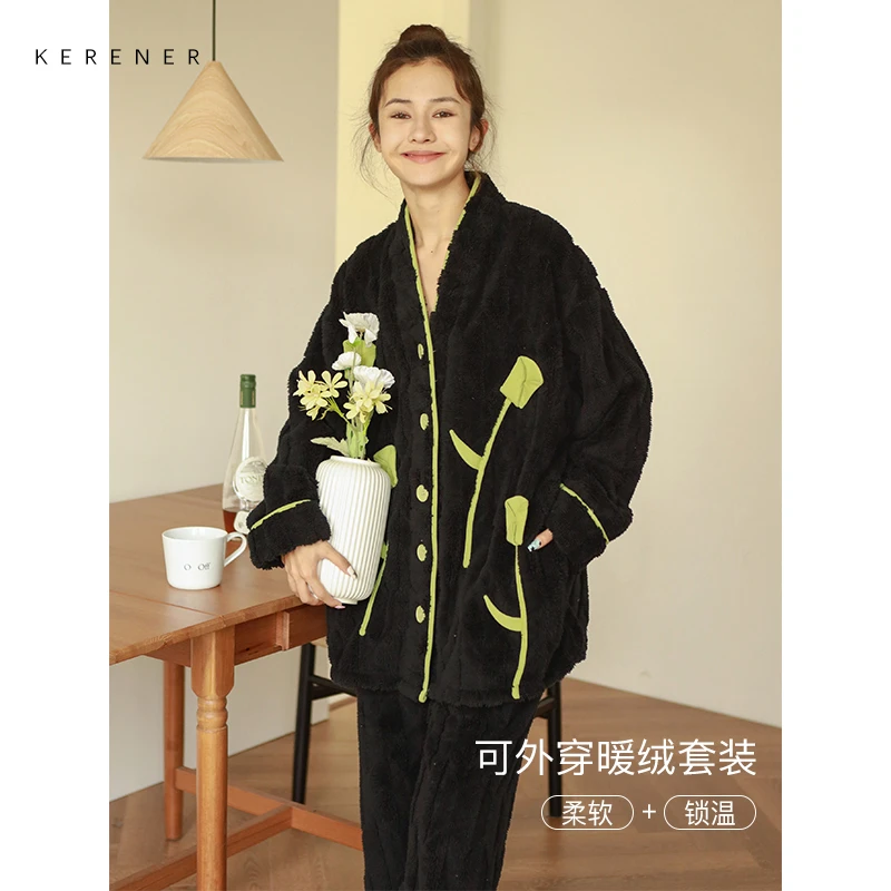 可人儿【神秘花蕾】冬季保暖舒棉绒睡衣女士开衫加厚法兰绒家居服