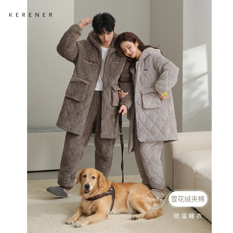 可人儿冬季雪花绒夹棉情侣睡袍可外穿连帽加厚法兰绒家居服套装