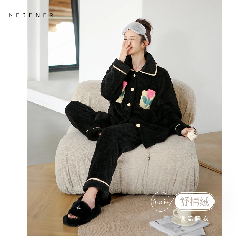 可人儿冬季保暖舒棉绒睡衣女士韩版气质花朵少女加厚珊瑚绒家居服