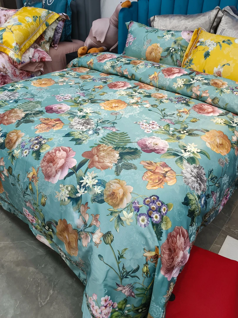 【床盖款】180s高端数码锦缎大提花四件套欧式美-百花齐放蓝绿
