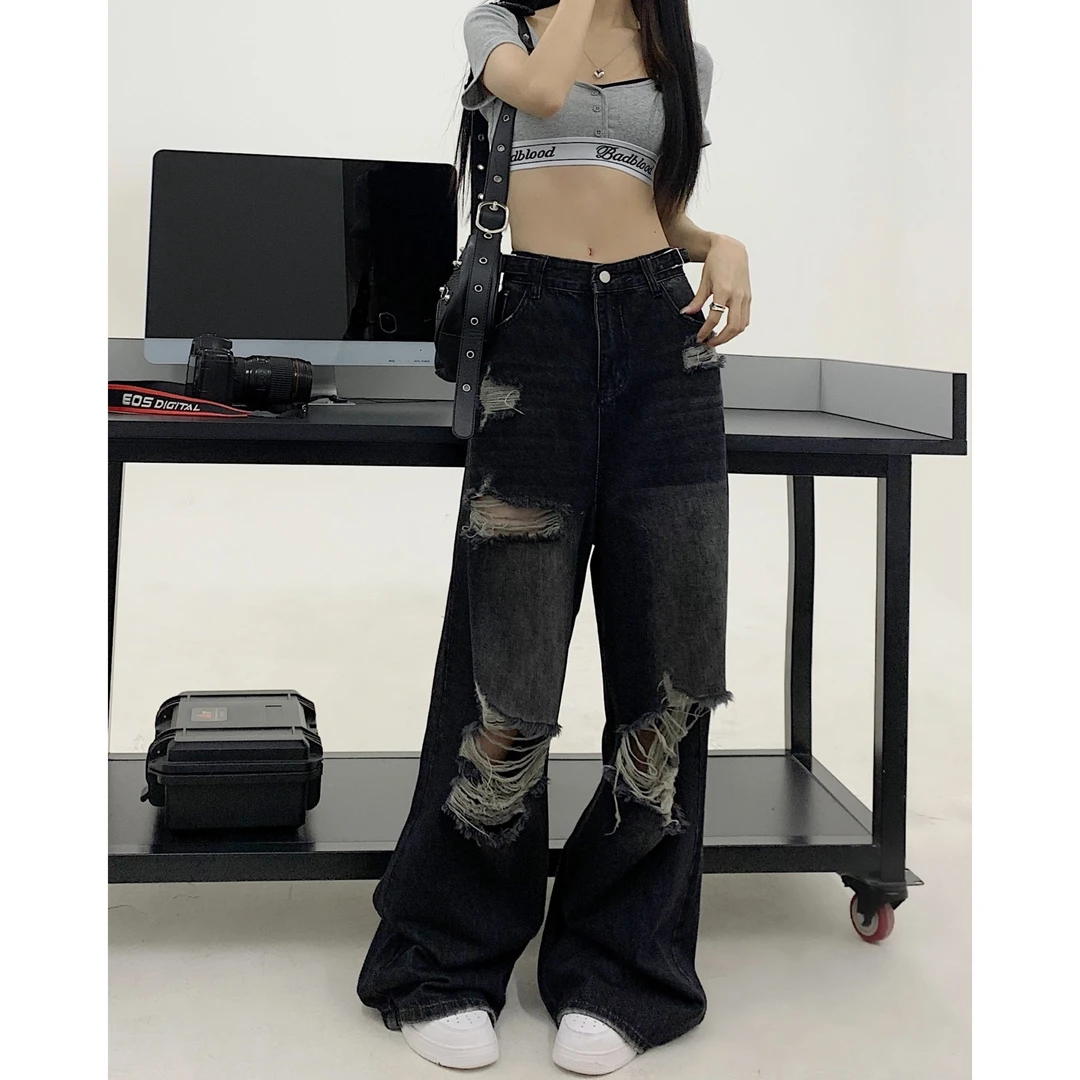 高街破洞牛仔裤女2024夏季款辣妹高腰直筒宽松阔腿拖地裤ins潮流