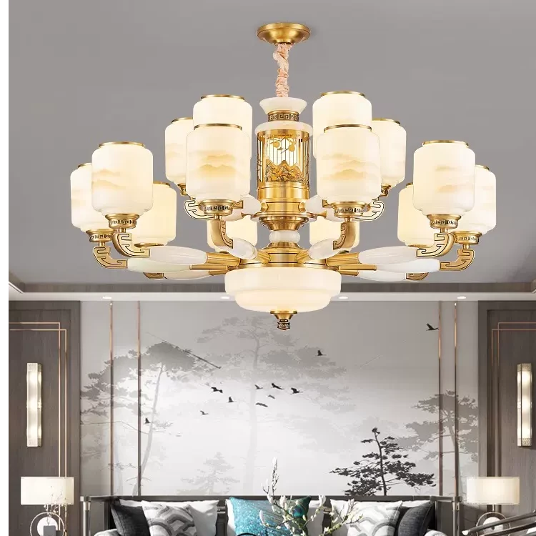 全铜玉石新中式复式楼别墅客厅大吊灯