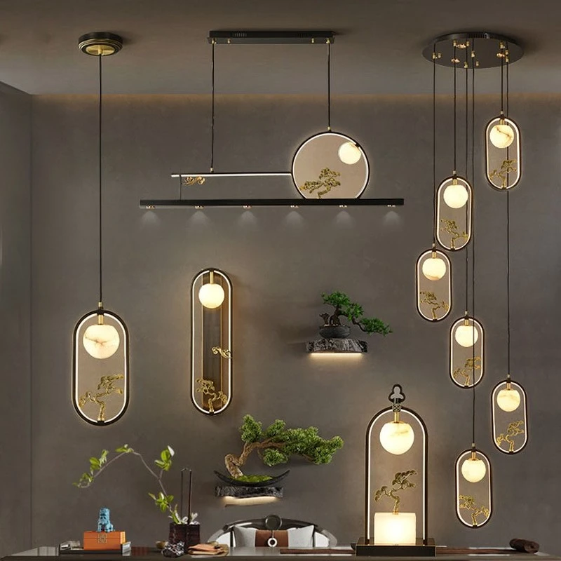 新中式全铜吊灯客厅书房背景墙卧室床头餐厅吧台走廊过道全铜灯具