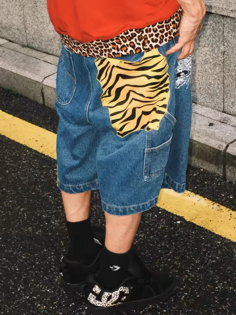 Game one24SS“唱片虎”重磅嘻哈牛仔短裤美式hiphop滑板bboy迷彩