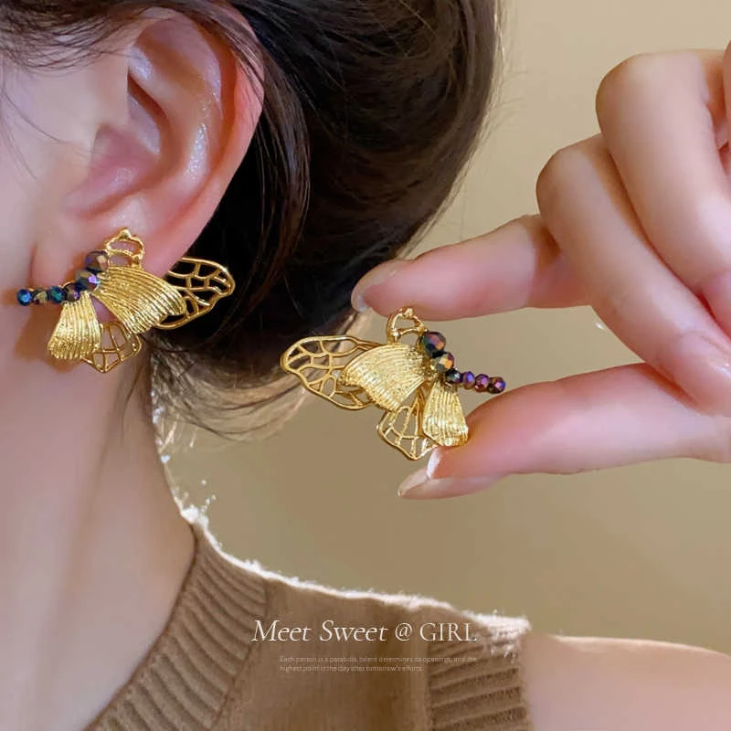 铜合金耳饰  复古彩钻蝴蝶耳钉高级气质耳环2024新款爆款独特耳饰