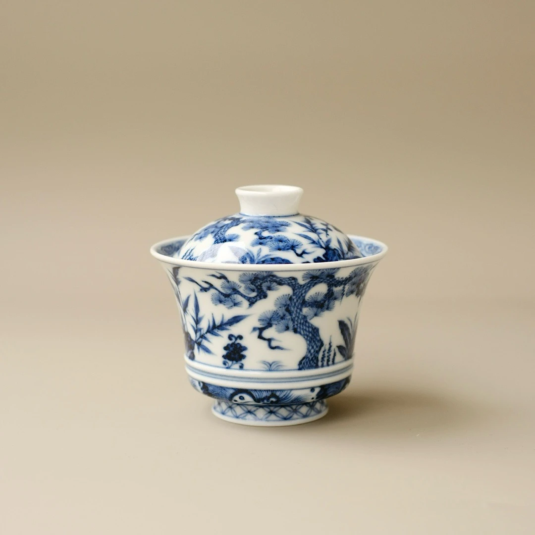 元研己  松竹梅马蹄盖碗 纯手工手绘 景德镇烧制 容量130CC