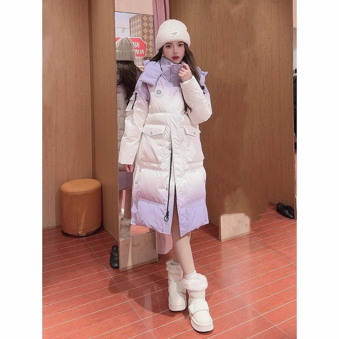 IEF/爱依服热力感冬季新款韩版时尚渐变设计白鸭绒羽绒长外套