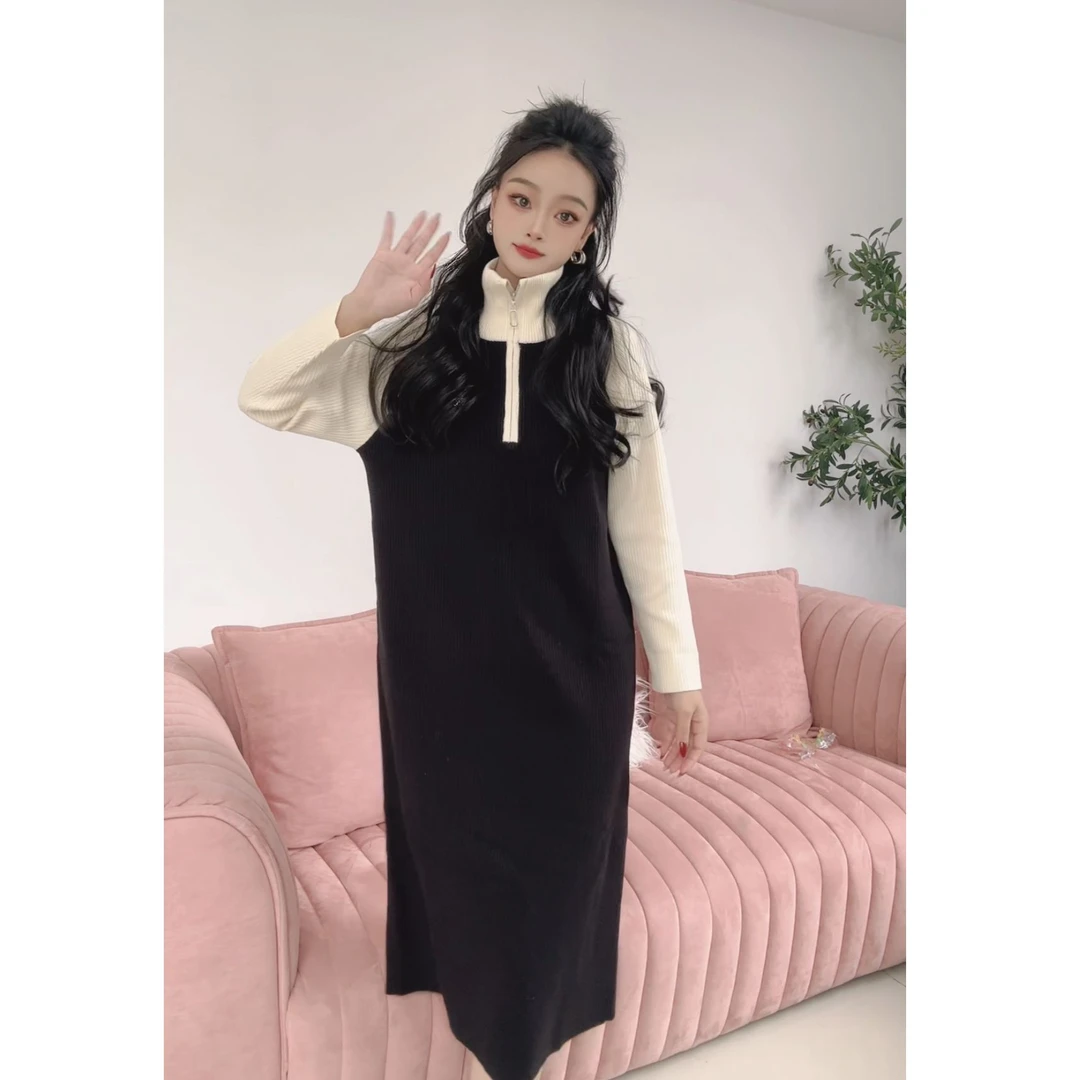 IEF爱依服2023新款时尚爱依服毛衣黑色中长款春秋秋季丝绒小个子