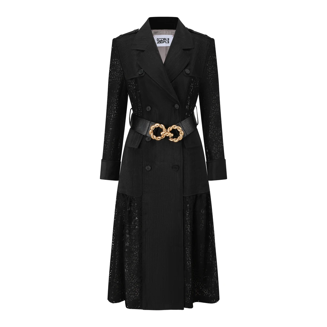 【顾文婷推荐】YOUWEI有尾 双排扣蕾丝拼接风衣 DT3524401