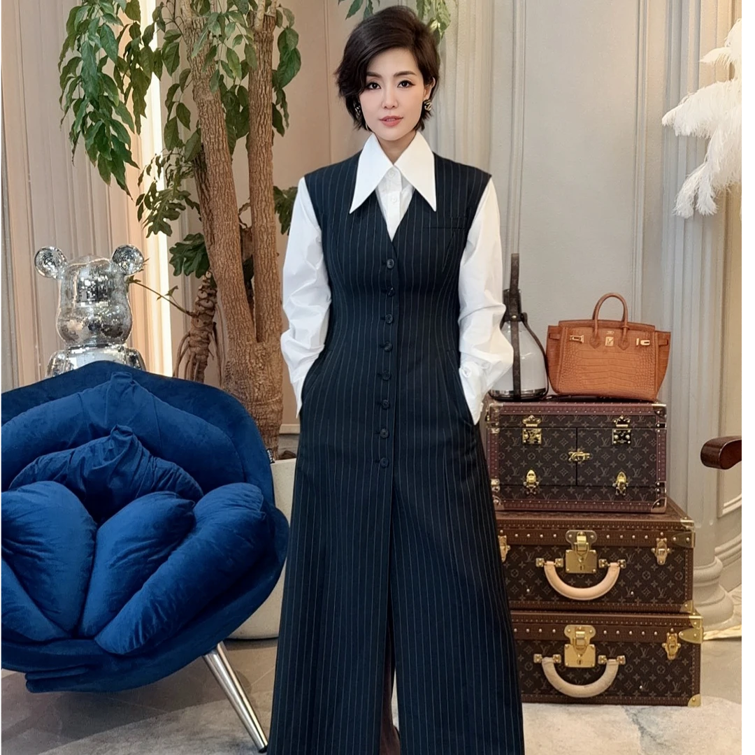 【顾文婷推荐】黑白条纹羊 毛无袖马甲连衣裙GUUGOOS G23SS12001AA