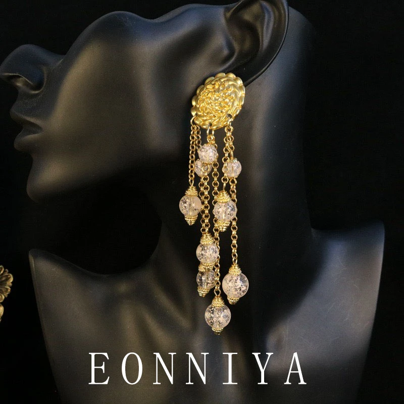 铜合金耳饰 【顾文婷首饰】eonniya 中古长扫肩款优雅气质流苏耳环
