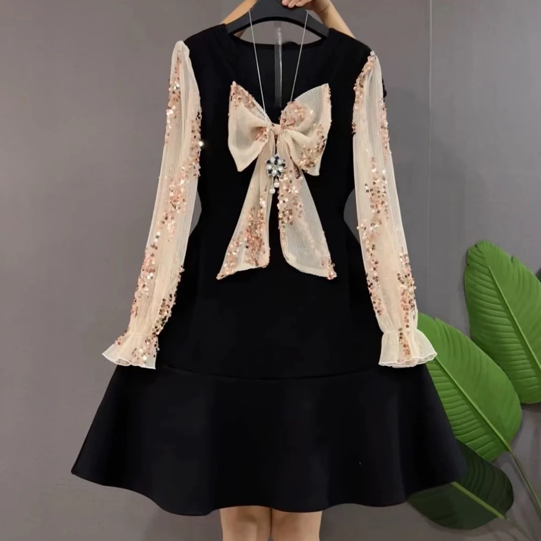 欧货洋气重工亮片蝴蝶结设计遮肉显瘦连衣裙