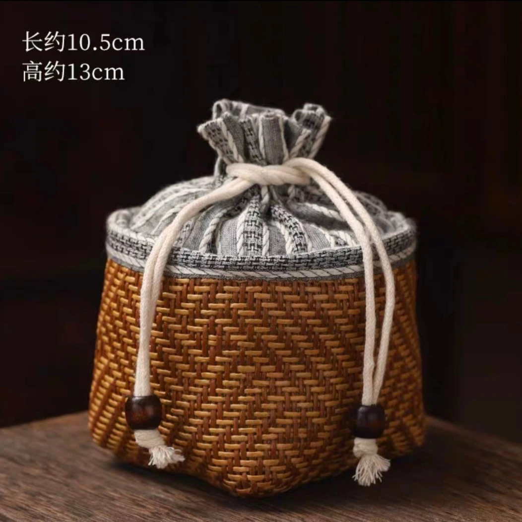 YICHEN/翊尘编织棉麻束口茶杯布袋包文艺田园风便捷竹编旅行茶道