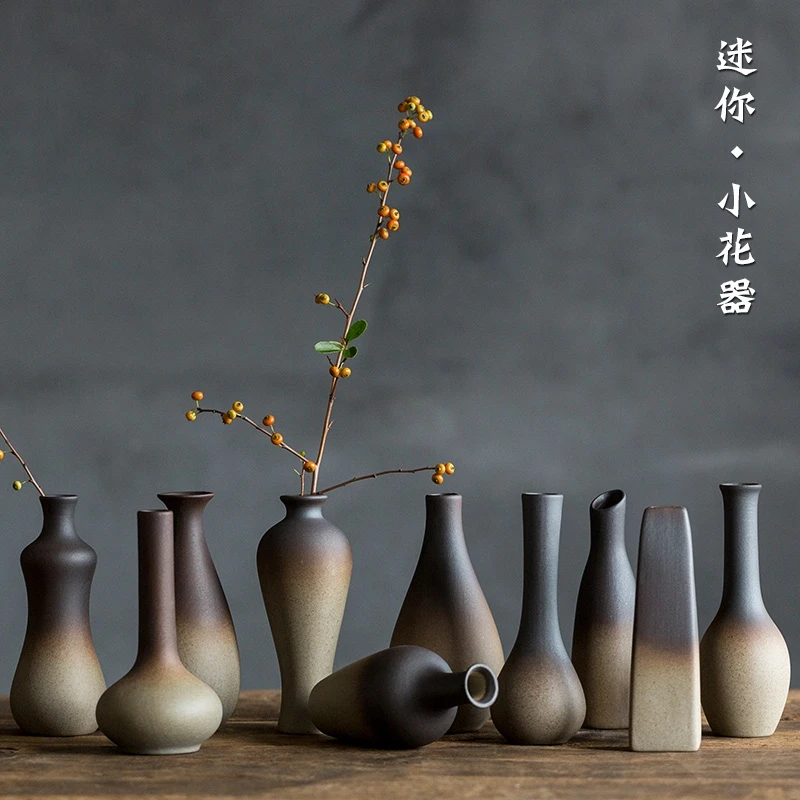 禅意粗陶花瓶 陶瓷仿柴烧装饰客厅摆件器皿 创意绿萝小花器摆件