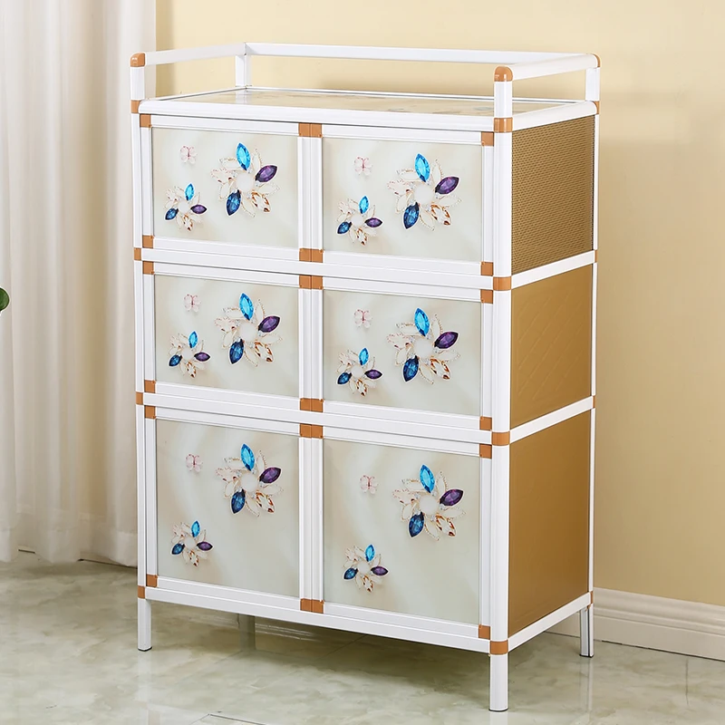 多功能柜经济型玻璃置物落地储物柜子客厅农村橱柜收纳家用铝合金