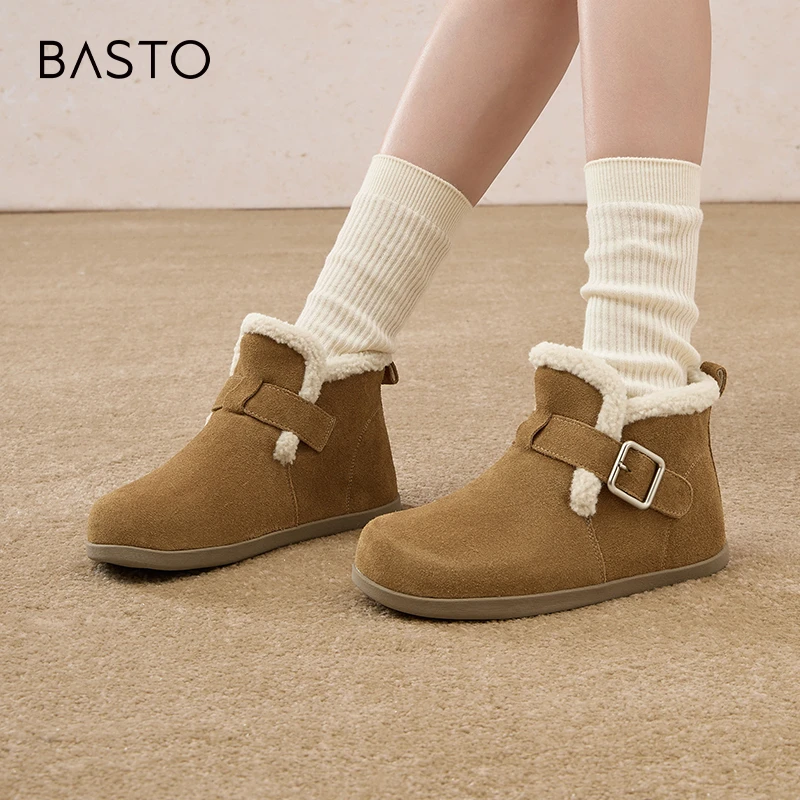 百思图2024冬季新款时尚户外休闲加绒勃肯鞋平跟女单鞋BG610DD4