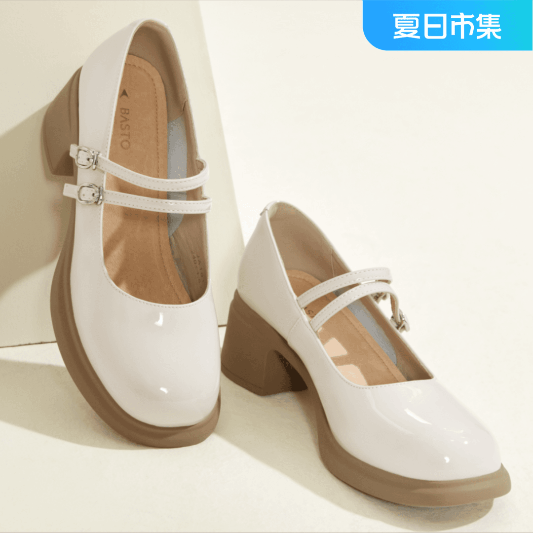 百思图2023春季新款商场同款简约复古玛丽珍粗跟女单鞋JA101AQ3