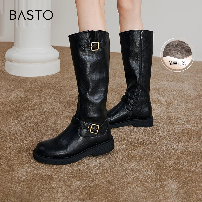 【辛小北专属】百思图新款琥珀流光骑士靴高筒靴粗跟女长靴W0819DG4