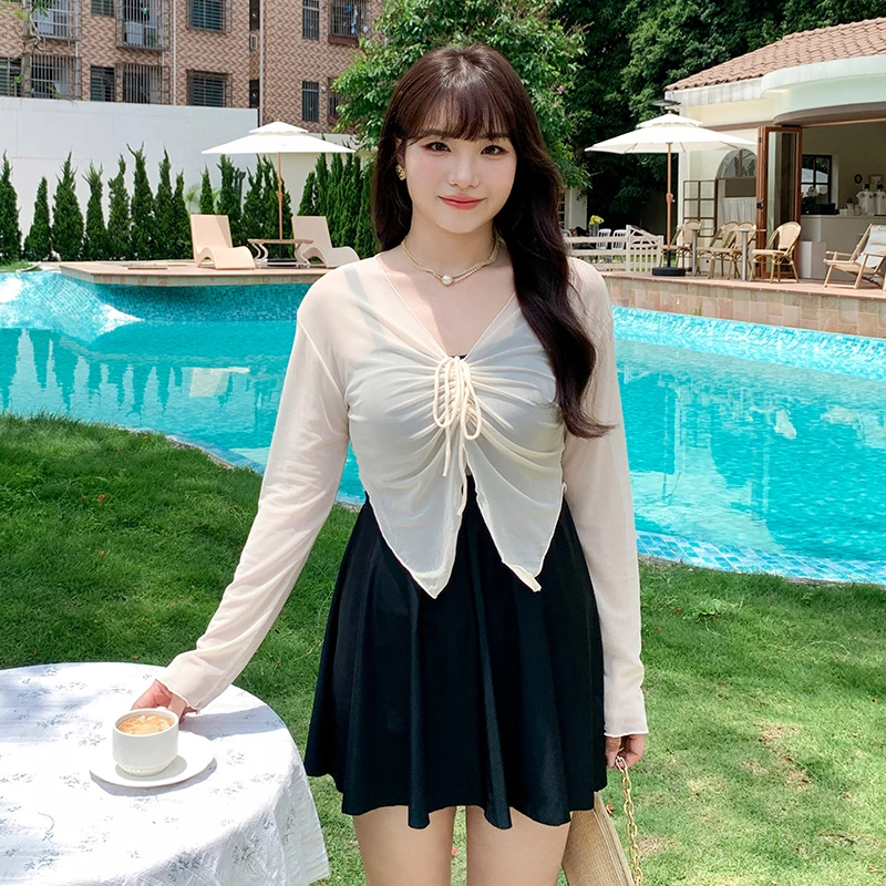 Nazal半糖少女 微胖mm大码泳衣女连体裙式带罩衫防晒显瘦遮肉泳装