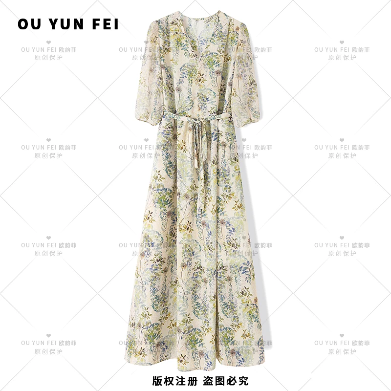 女士夏季裙子碎花气质长裙轻奢时尚印花蕾丝女装连衣裙X9078