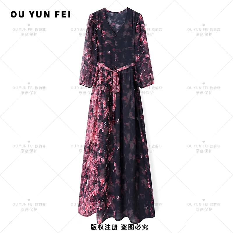 高级感连衣裙女早秋新款气质显瘦穿搭时尚轻奢洋气印花长裙F1627