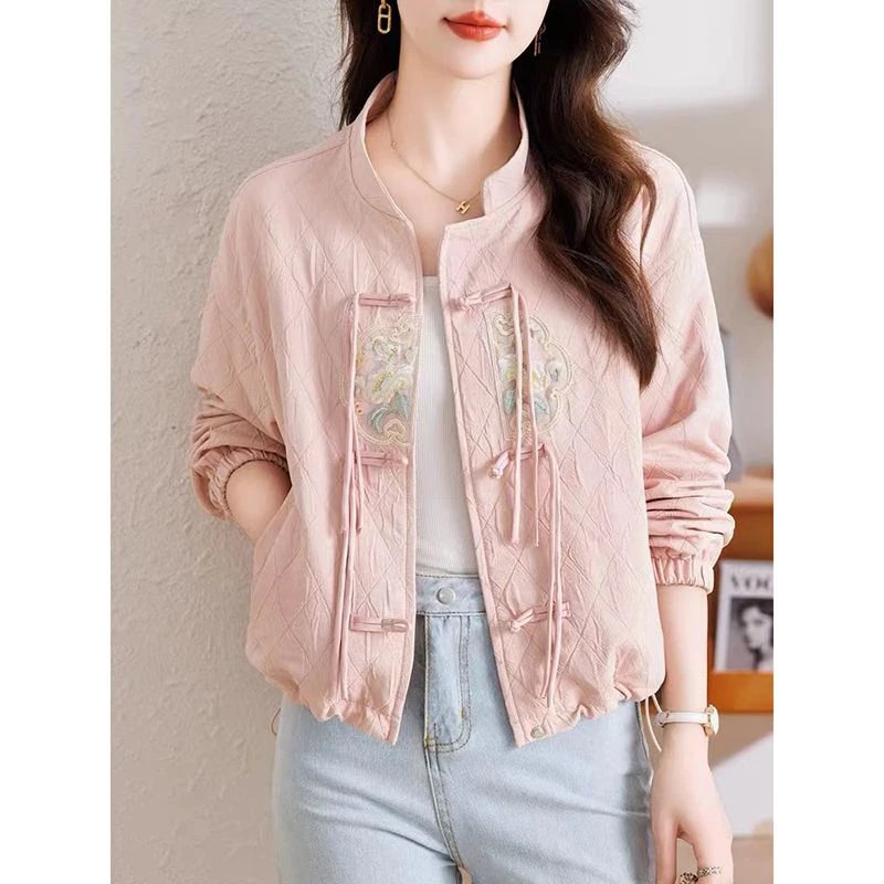 只发新疆  春季新款新中式复古刺绣圆领短款开衫外套菱格上衣2421