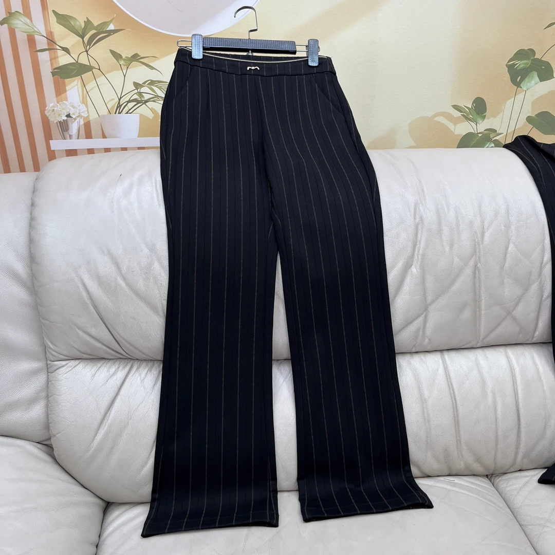 女士黑色条纹微喇裤春季新款高腰气质时尚修身喇叭裤 23060